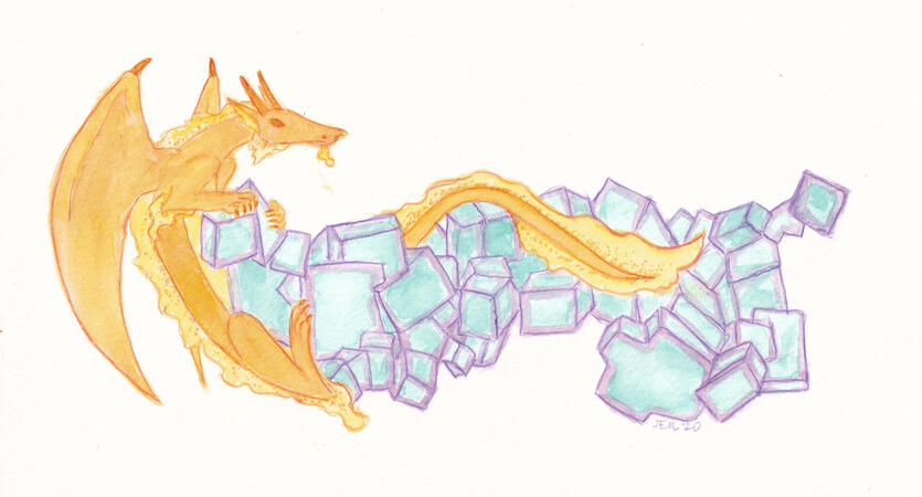 A dragon on a spray of fluorite crystals, watercolor